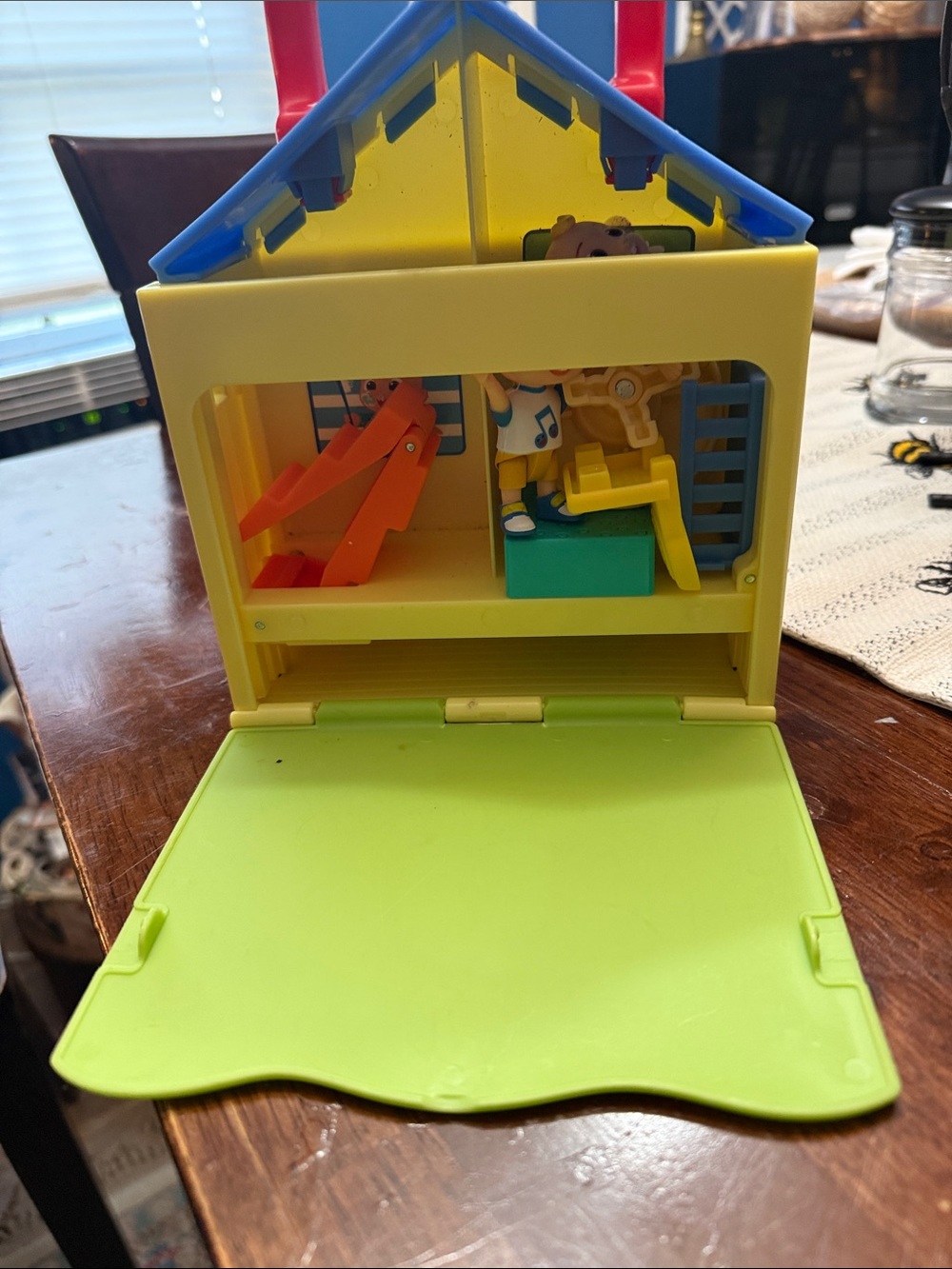 Yellow and Blue Fold-Down Kids Playhouse Toy with Green Play Surface